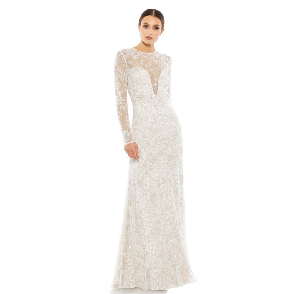 Mac Duggal white long sheer sleeve embellished gown dress size 4 NWT